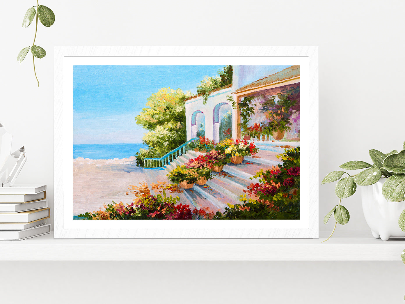 Terrace Near The Sea, Flowers Glass Framed Wall Art, Ready to Hang Quality Print With White Border White