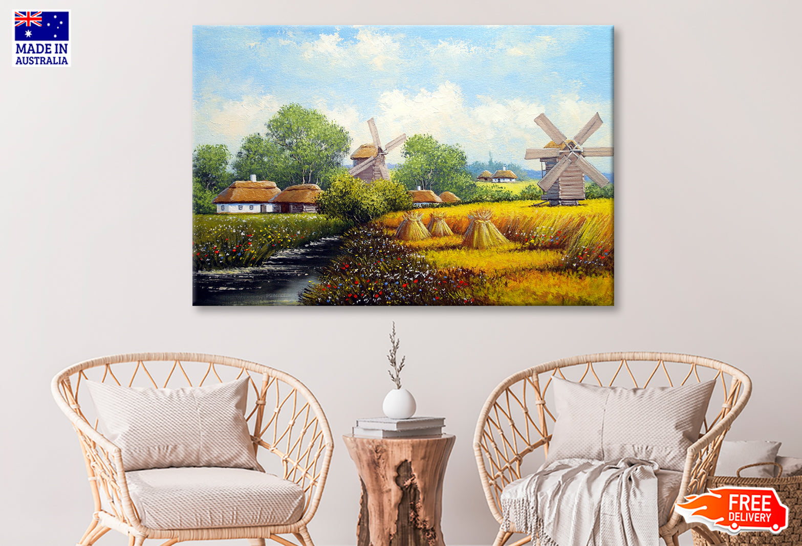 Mill near Village Houses & River with Blue Sky Painting Wall Art Limited Edition High Quality Print