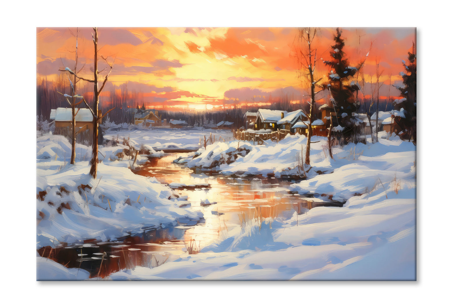 House in Forest Snow Field & Sunset Sky Painting Wall Art Limited Edition High Quality Print Stretched Canvas None