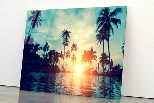Sunset With Palm Trees in Beach Acrylic Glass Print Tempered Glass Wall Art 100% Made in Australia Ready to Hang - Bella Home Decor