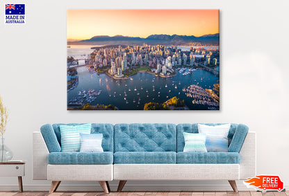 Beautiful Aerial View of Downtown Vancouver Skyline, British Columbia, Canada at Sunset Wall Art Decor 100% Australian Made