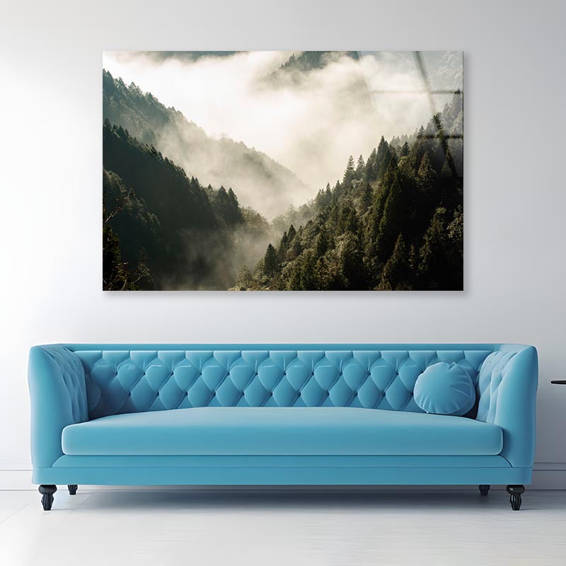 Fog In Forest, Early Morning Scene in Mountain Acrylic Glass Print Tempered Glass Wall Art 100% Made in Australia Ready to Hang - Bella Home Decor