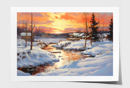 House in Forest Snow Field & Sunset Sky Painting Wall Art Limited Edition High Quality Print Unframed Roll Canvas None