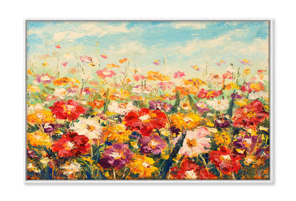 Colorful Flower Field with Cloudy Blue Sky Painting Wall Art Limited Edition High Quality Print Canvas Box Framed White