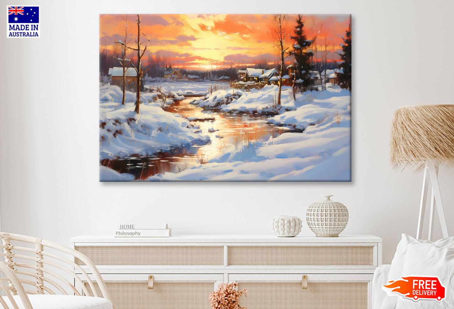 House in Forest Snow Field & Sunset Sky Painting Wall Art Limited Edition High Quality Print