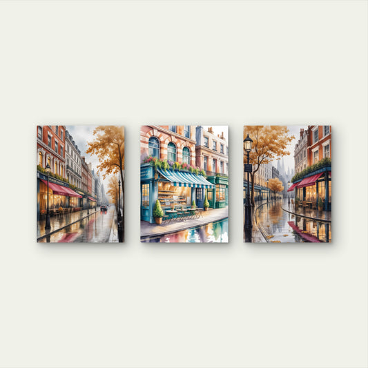 3pcs Paris Cafe Street Autumn Bakery Scene Painting Wall Art Set Canvas Framed 40x60cm - High Quality Print 100% Australian Made Wall Canvas Ready to Hang