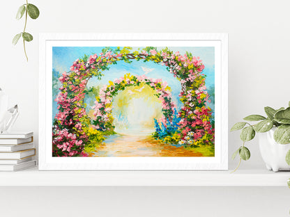 Floral Arch In The Summer Park Glass Framed Wall Art, Ready to Hang Quality Print With White Border White