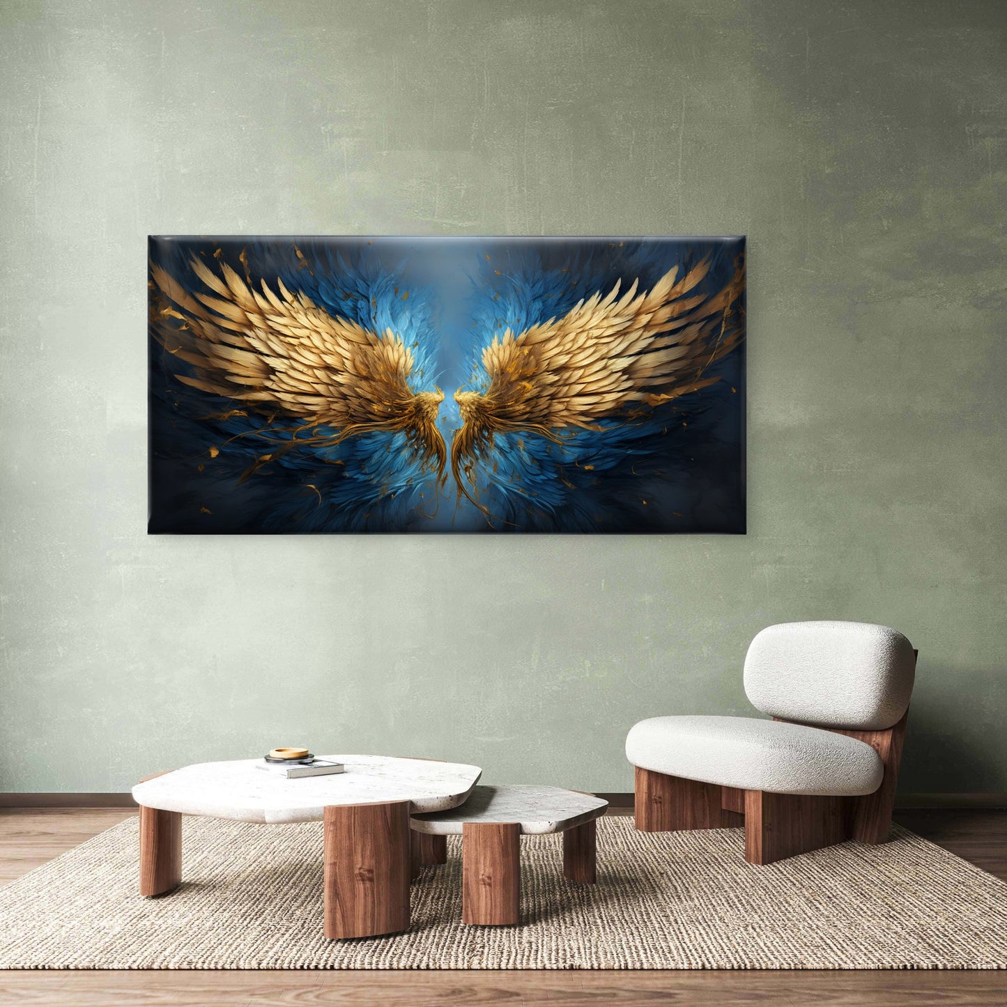 Gold Angel Wings Blue Oil Painting Wall Art Canvas Office Home Room Framed 120x60cm - Bella Home Decor