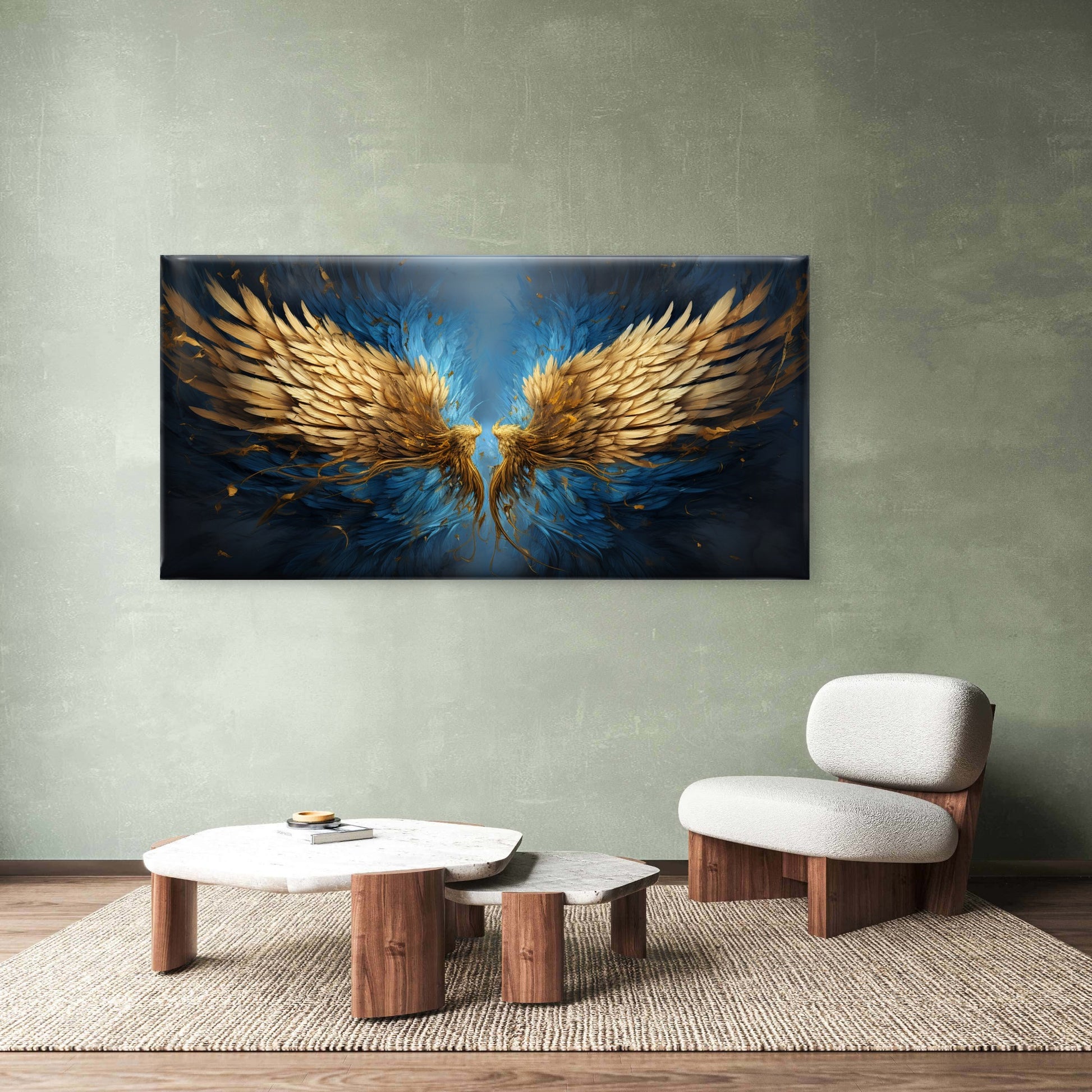 Gold Angel Wings Blue Oil Painting Wall Art Canvas Office Home Room Framed 120x60cm - Bella Home Decor