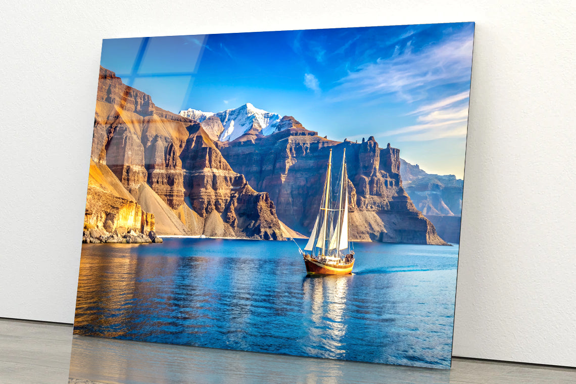 Sailboat Sailing In the Sea, Mountains in Greece Acrylic Glass Print Tempered Glass Wall Art 100% Made in Australia Ready to Hang - Bella Home Decor
