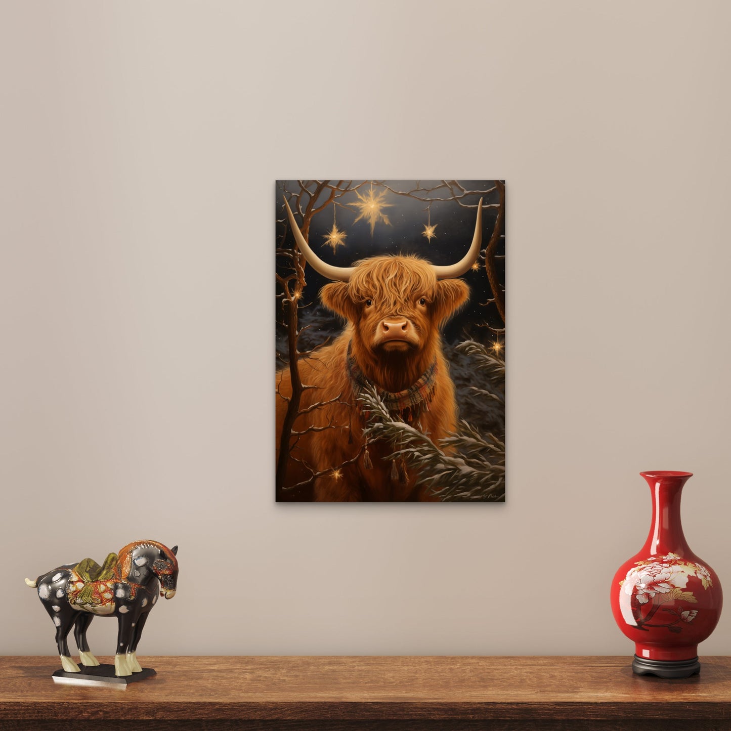 Scarf Highland Cow Stars 60x90cm Metal Print Ready to Hang - Bella Home Decor
