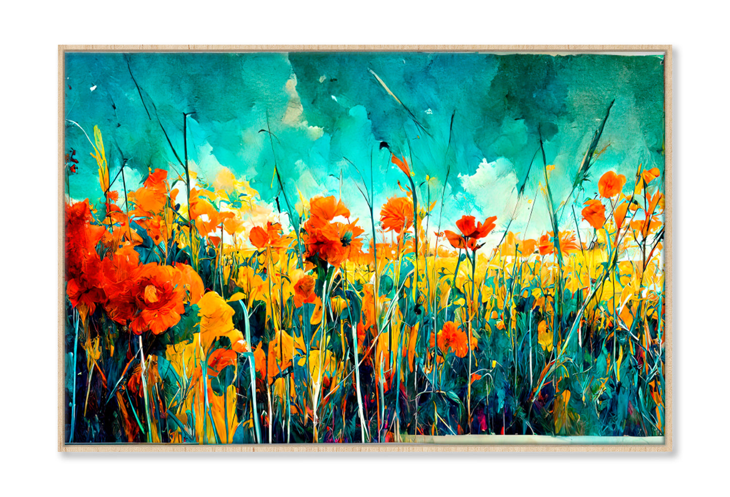 Blue Sky Green, Red & Orange Flowers Oil Painting Wall Art Limited Edition High Quality Print Canvas Box Framed Natural