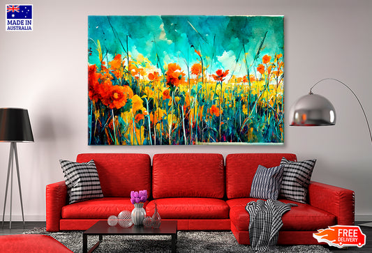 Blue Sky Green, Red & Orange Flowers Oil Painting Wall Art Limited Edition High Quality Print