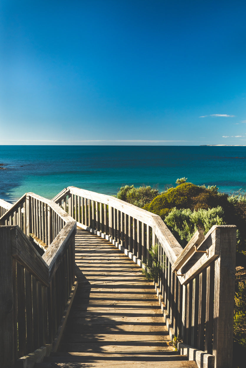 Wooden Staircase & Blue Sky Beach Photograph Glass Framed Wall Art, Ready to Hang Quality Print