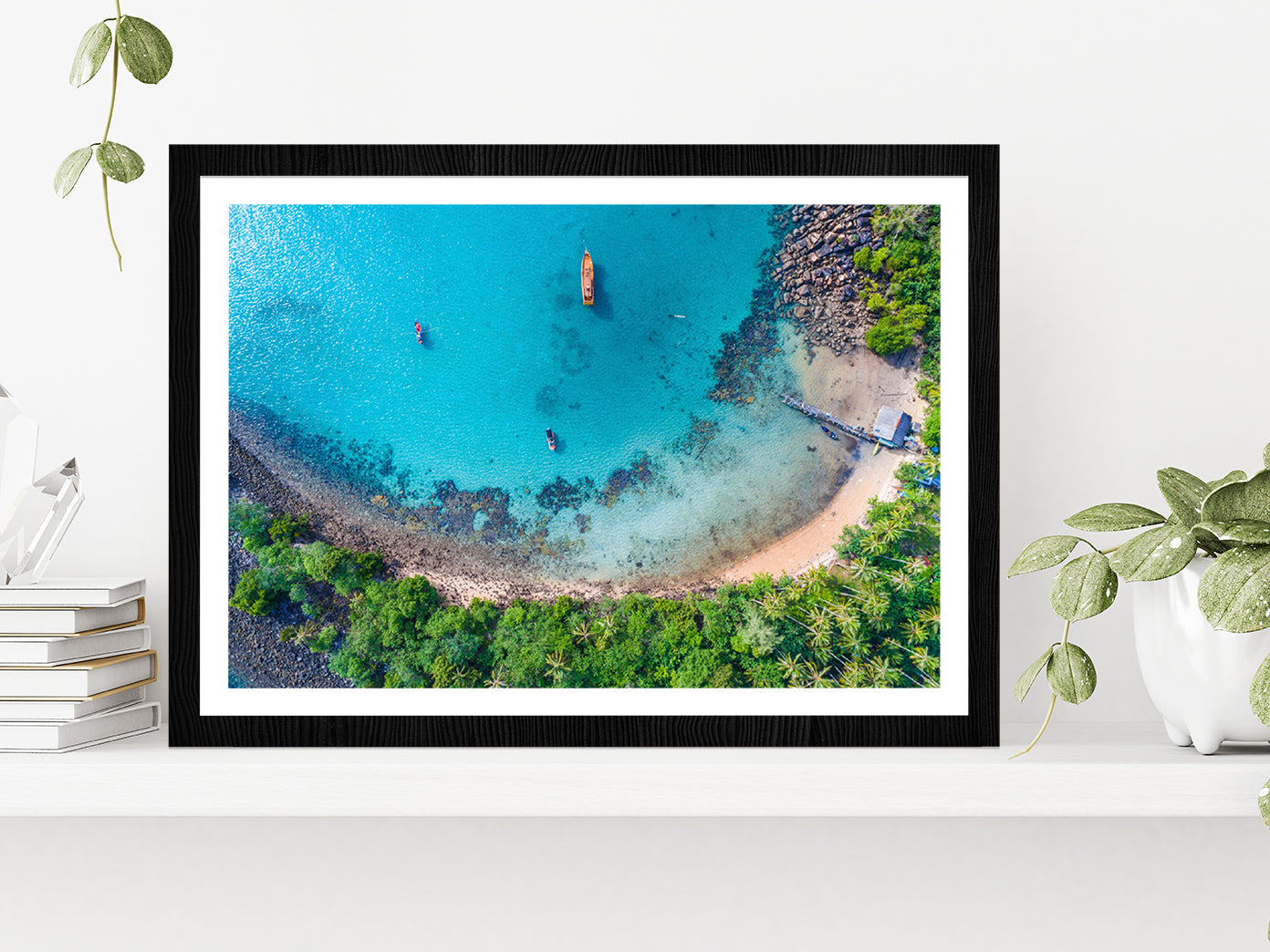 Sea With Coconut Palm Tree Island Glass Framed Wall Art, Ready to Hang Quality Print With White Border Black