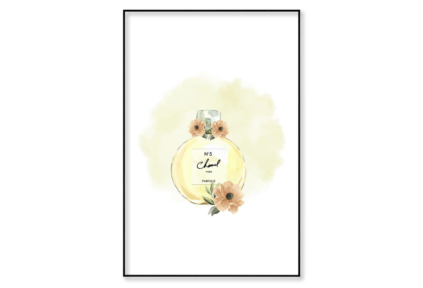 Yellow Perfume with Flowers Wall Art Limited Edition High Quality Print Canvas Box Framed Black