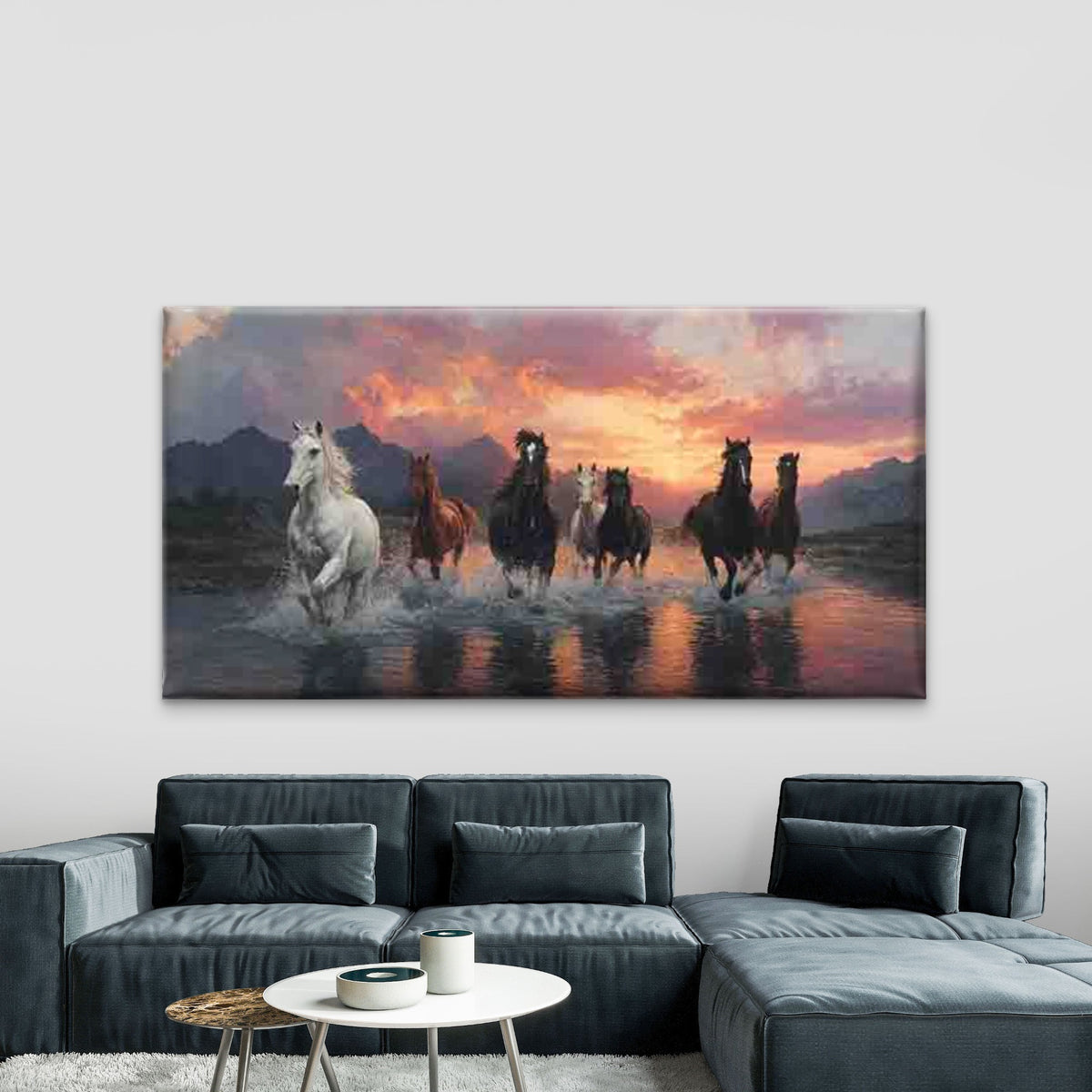 Six Horses Galloping at Sunset Wall Art Canvas Office Home Room Framed 120x60cm