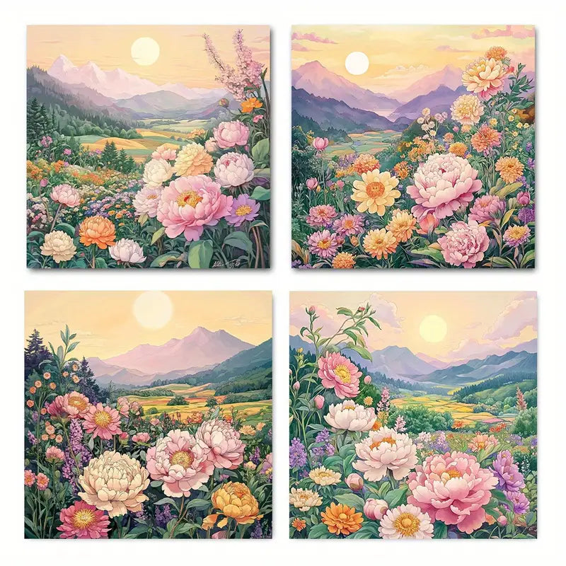 4pcs Floral & Mountain Landscape, Pink Peonie Wall Art Canvas Framed