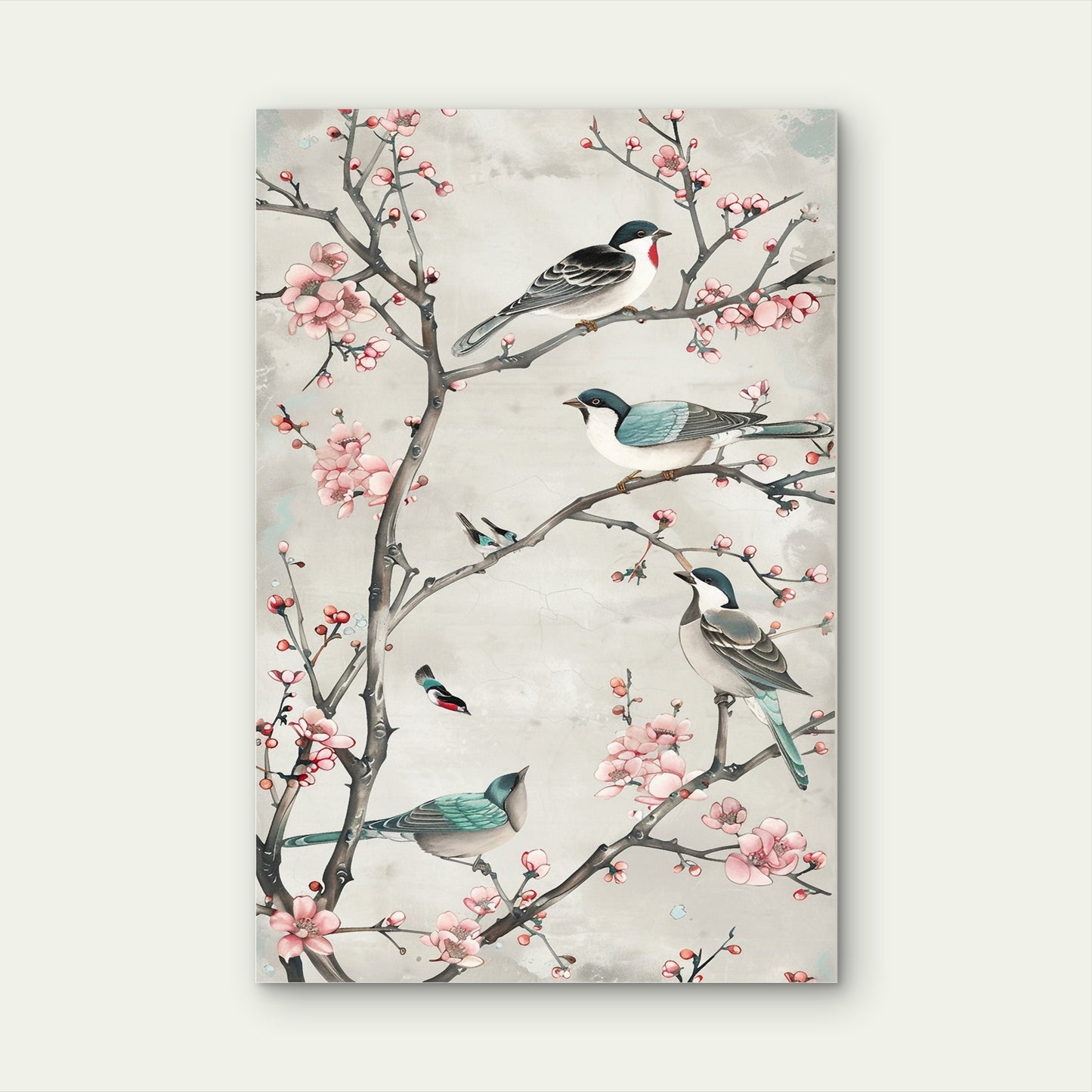 Pink Cherry Blossom Bird Shabby Chic 40x60cm Metal Print Ready to Hang