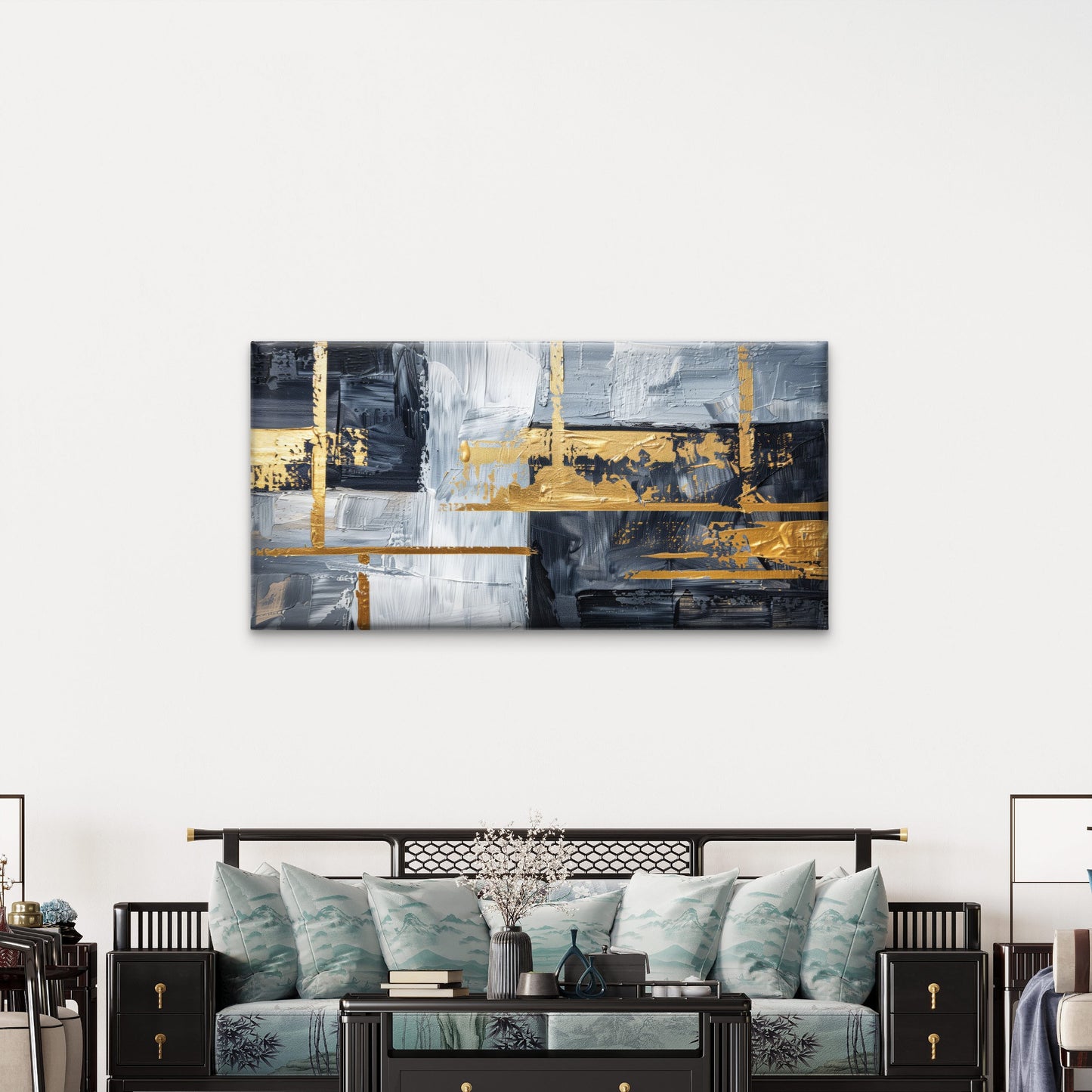 Black Grey Gold Abstract Wall Art Canvas Office Home Room Framed 120x60cm