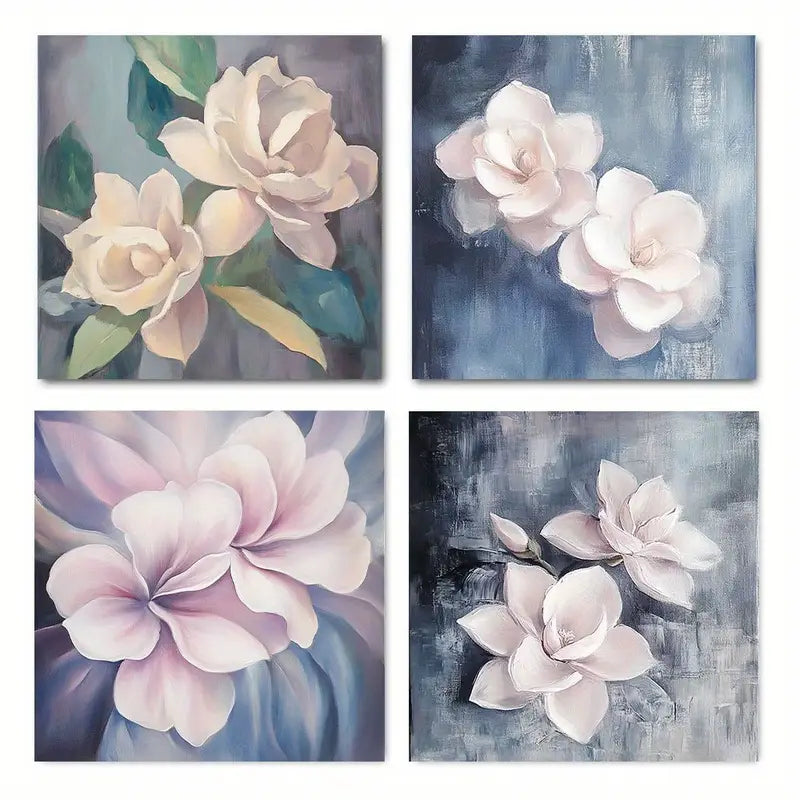 4pcs Pink & Grey Rose Floral Prints Wall Art Canvas Framed