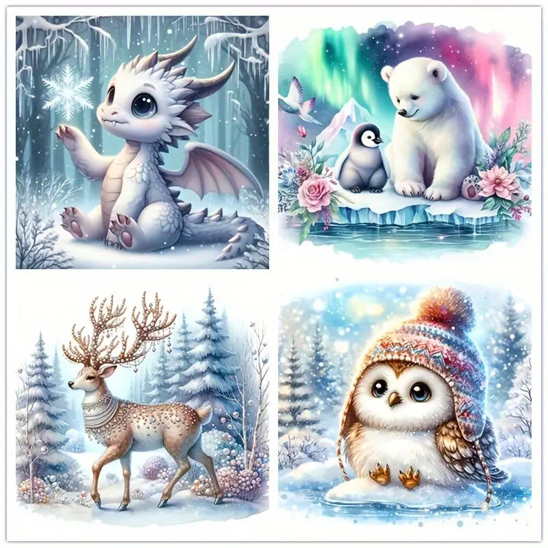 4pcs Animal and Snowflake Mosaic Art Wall Art Canvas Framed