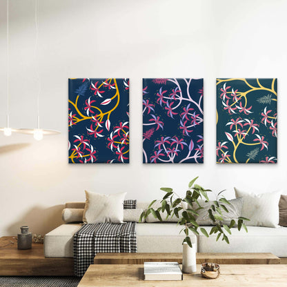 3pcs Dark Floral Botanical Pattern  Wall Art Set Canvas Framed 40x60cm - High Quality Print 100% Australian Made Wall Canvas Ready to Hang