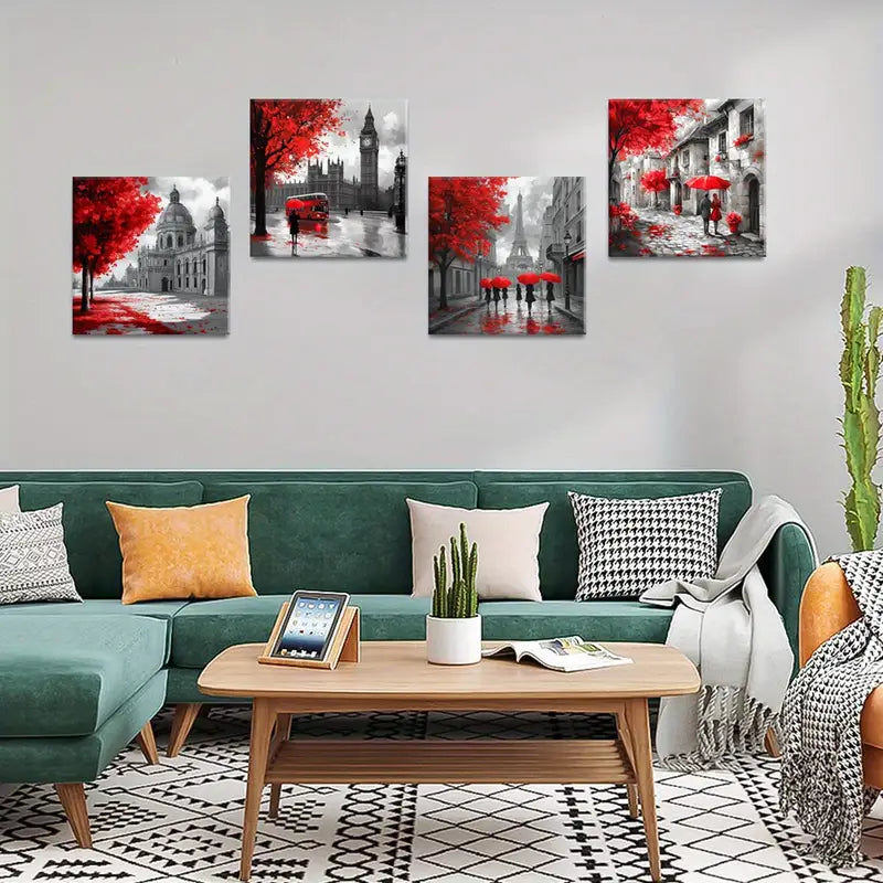 4pcs Black And White Architecture Wall Art Canvas Framed