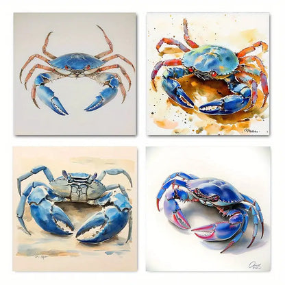 4pcs Vibrant Crab Paintings Wall Art Canvas Framed
