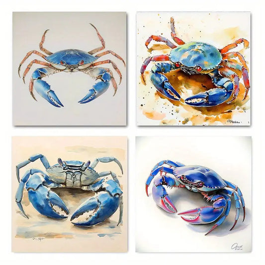 4pcs Vibrant Crab Paintings Wall Art Canvas Framed