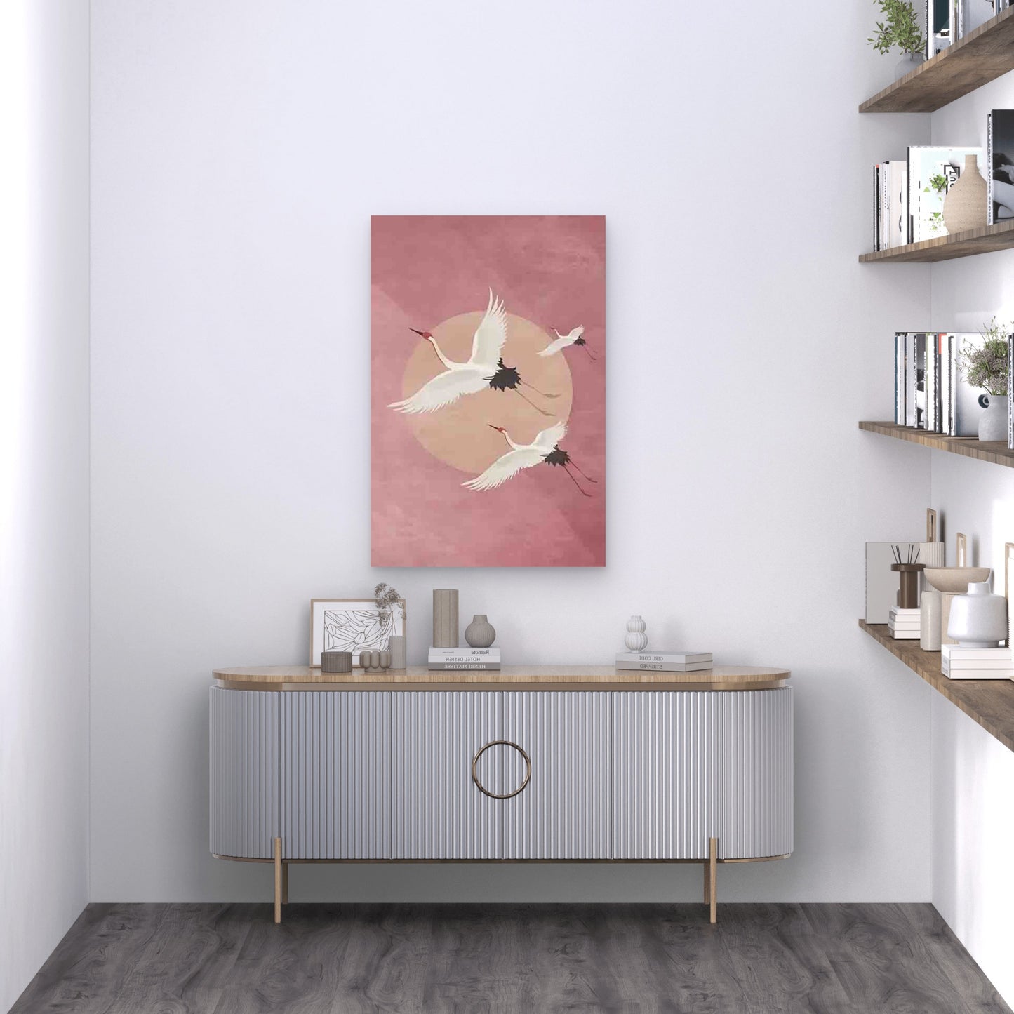 Crane & Cherry Blossom Metal Print Ready to Hang