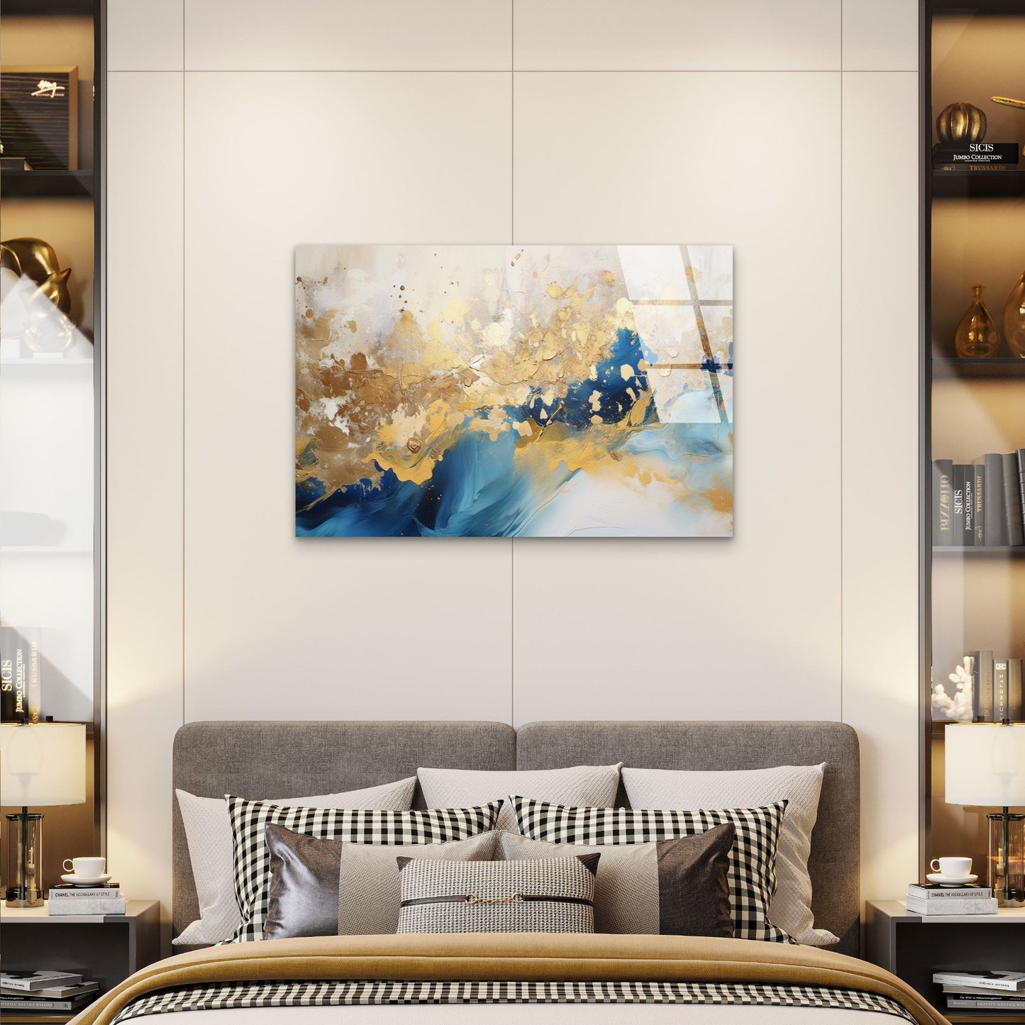 Navy Blue Gold Foil Painting Acrylic Glass Printing Wall Art Australian Made Quality
