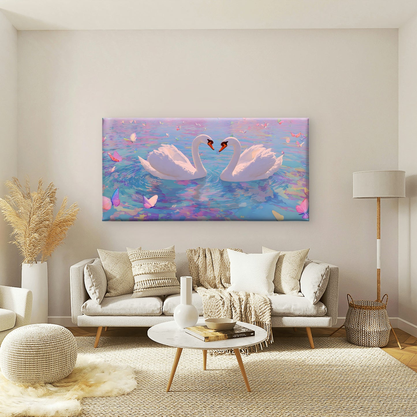 White Swans Lake Pastel Wall Art Canvas Office Home Room Framed 120x60cm