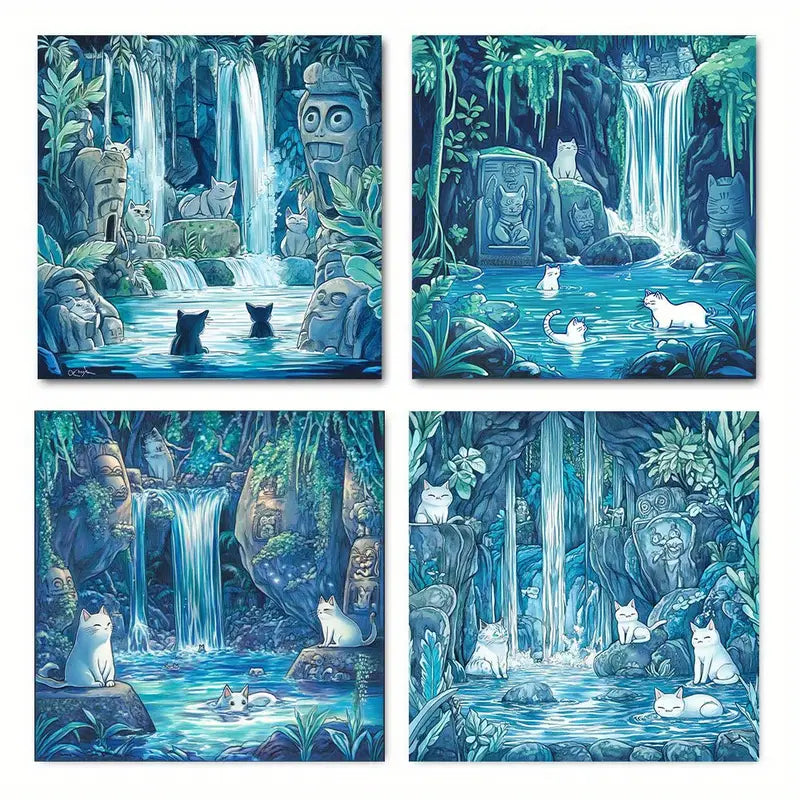 4pcs Mysterious Jungle Cat Pond  MJ  Wall Art Canvas Framed