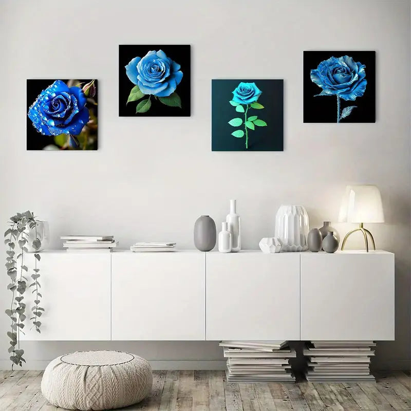 4pcs Blue Rose Themed Elegant Wall Art Canvas Framed