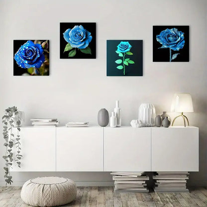 4pcs Blue Rose Themed Elegant Wall Art Canvas Framed
