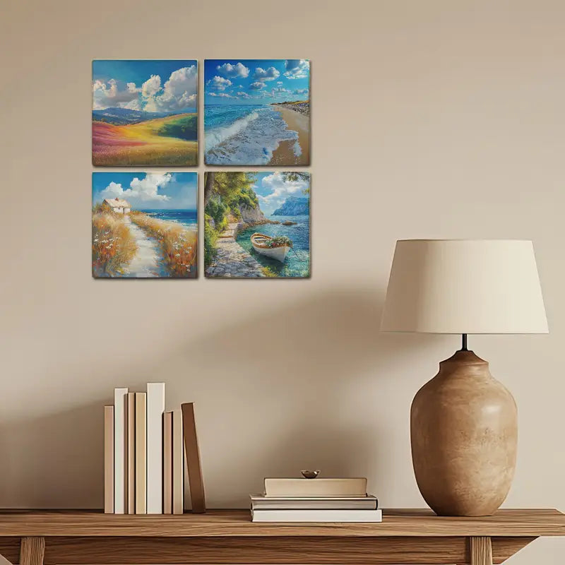 4pcs Beach Scene With Sailboat & Turquoise Water  Wall Art Canvas Framed