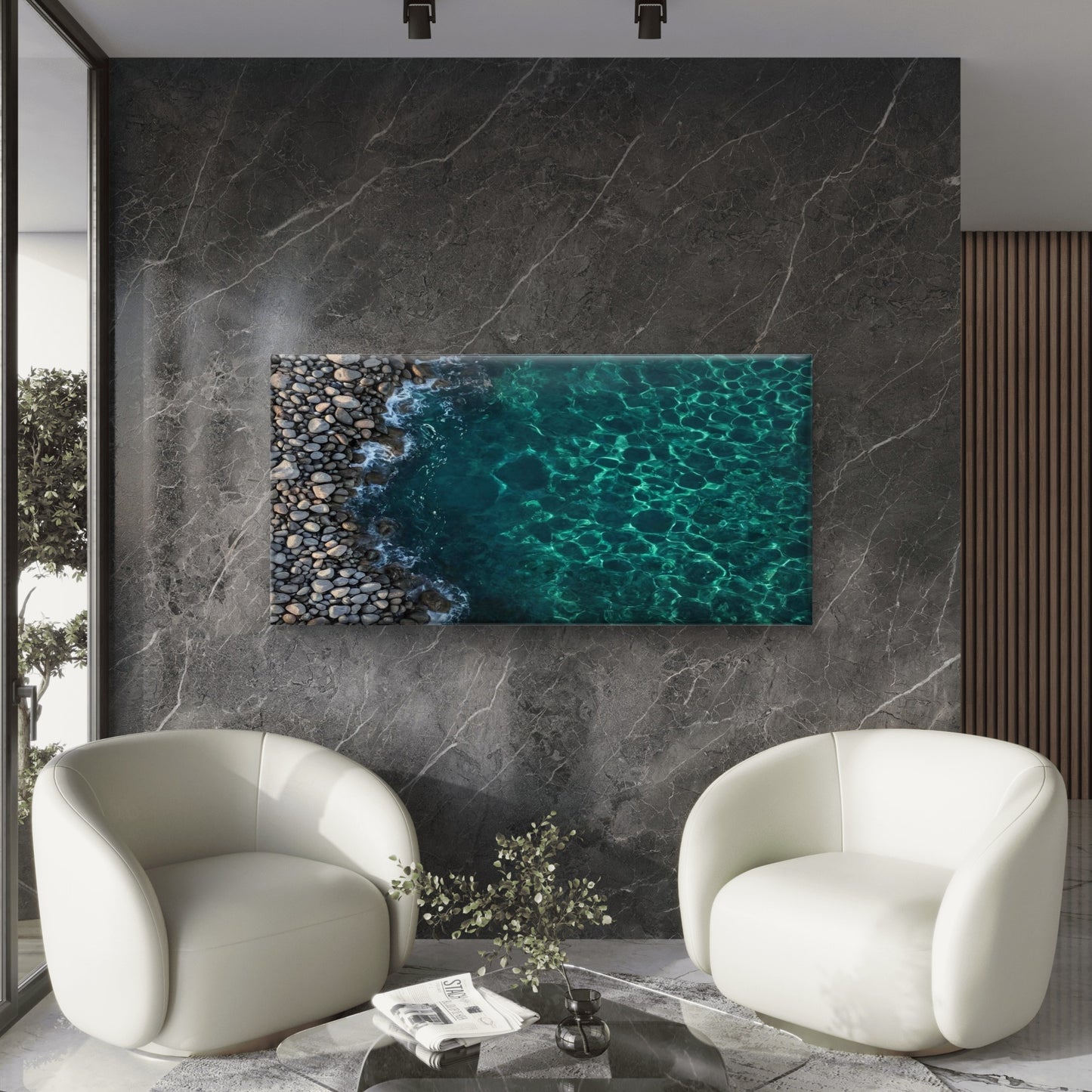 Aerial Ocean Rockpool Wall Art Canvas Office Home Room Framed 120x60cm