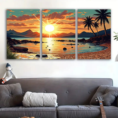 3pcs Beach Sunset Palm Trees Mountains Wall Art Set Canvas Framed 50x70cm - High Quality Print 100% Australian Made Wall Canvas Ready to Hang - Bella Home Decor