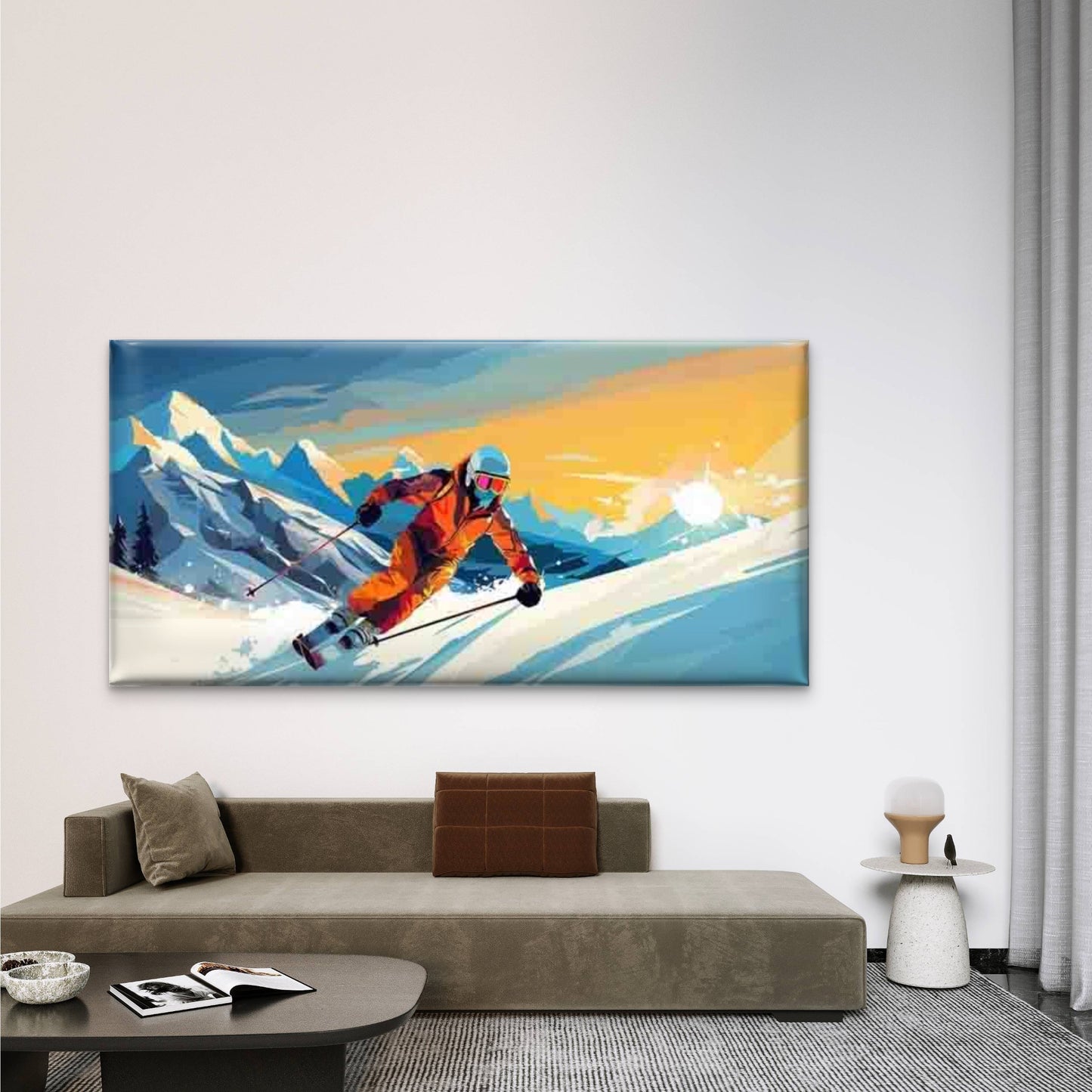 Retro Abstract Skier Painting Wall Art Canvas Office Home Room Framed 120x60cm