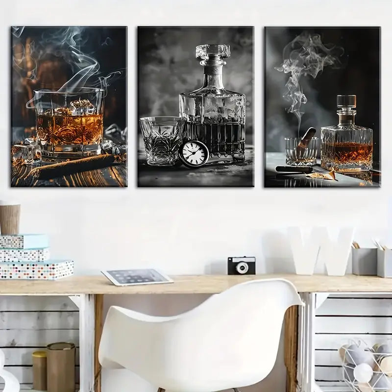 3pcs Wine And Glass, Saloon Metal Print Ready to Hang Art
