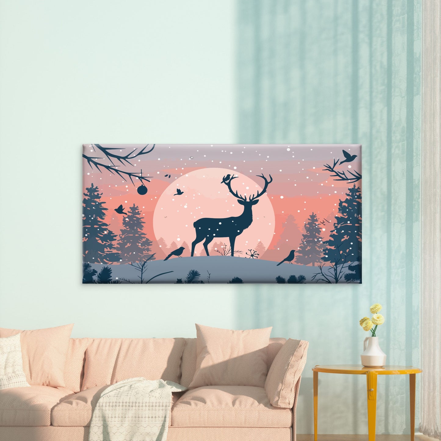 Stag Under Winter Moon Wall Art Canvas Office Home Room Framed 120x60cm - Bella Home Decor