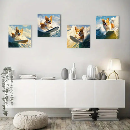 4pcs Dog Surfing Art Poster Wall Art Canvas Framed
