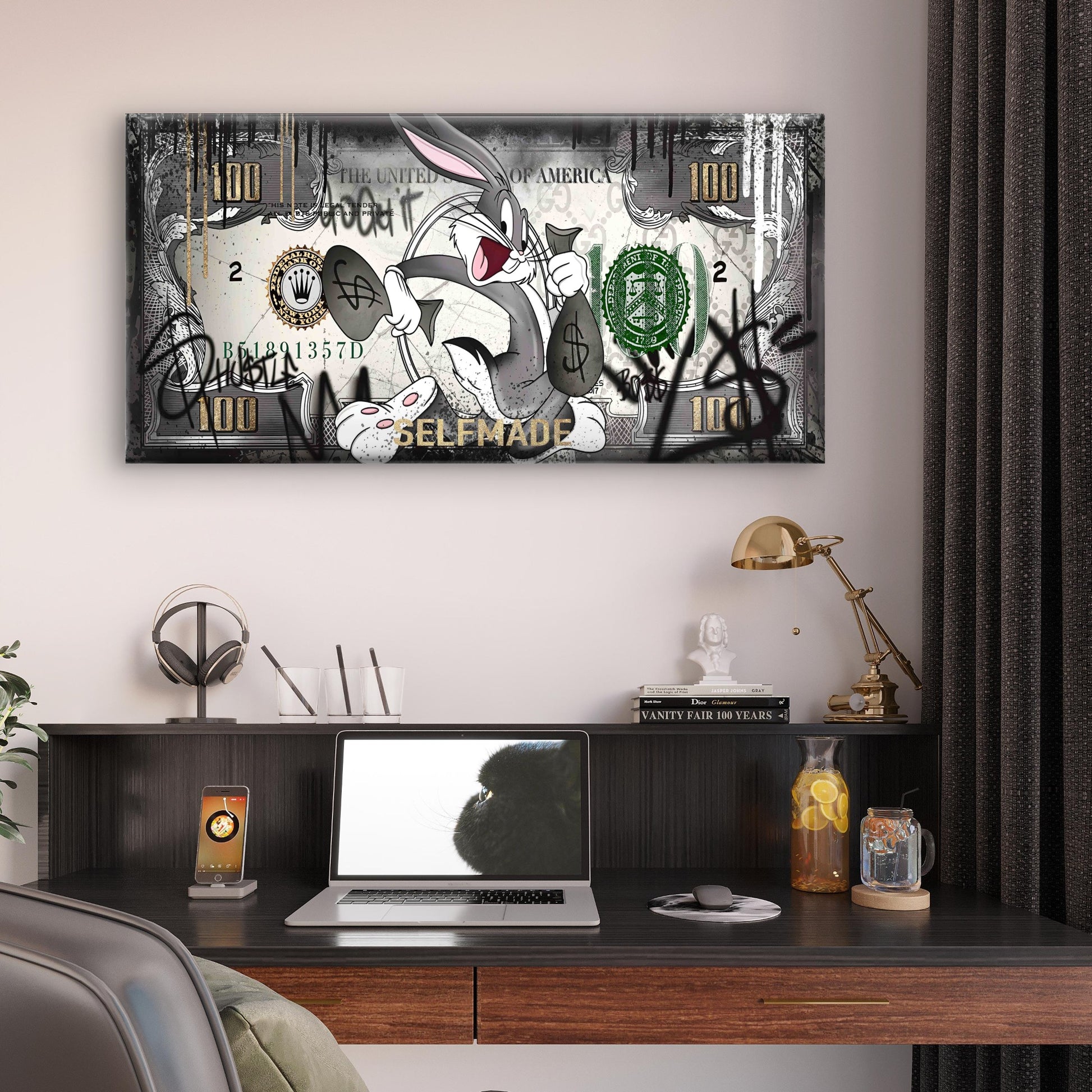 Running Rabbit Money Print Wall Art Canvas Office Home Room Framed 120x60cm - Bella Home Decor
