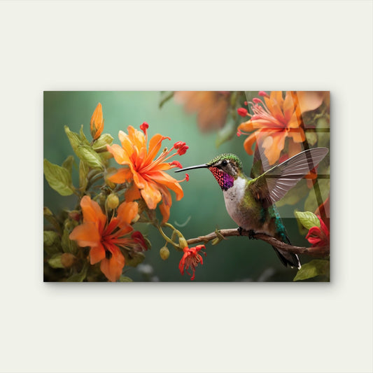 Hummingbird Orange Lily Flower Botanical Acrylic Glass Printing Wall Art Australian Made Quality