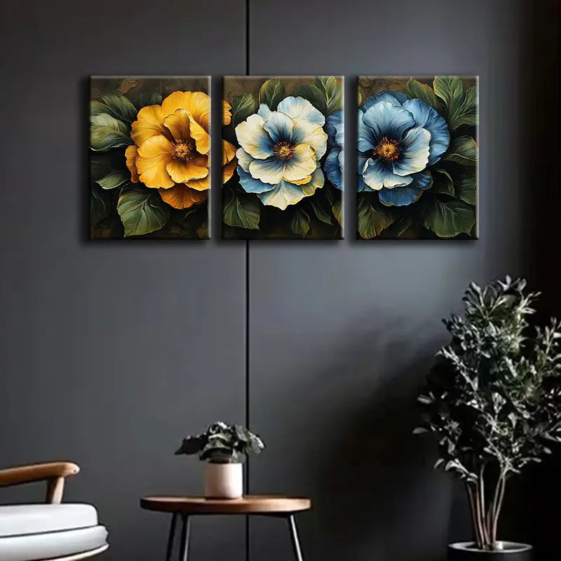 3pcs Yellow, Blue & White Flowers Metal Print Ready to Hang Art