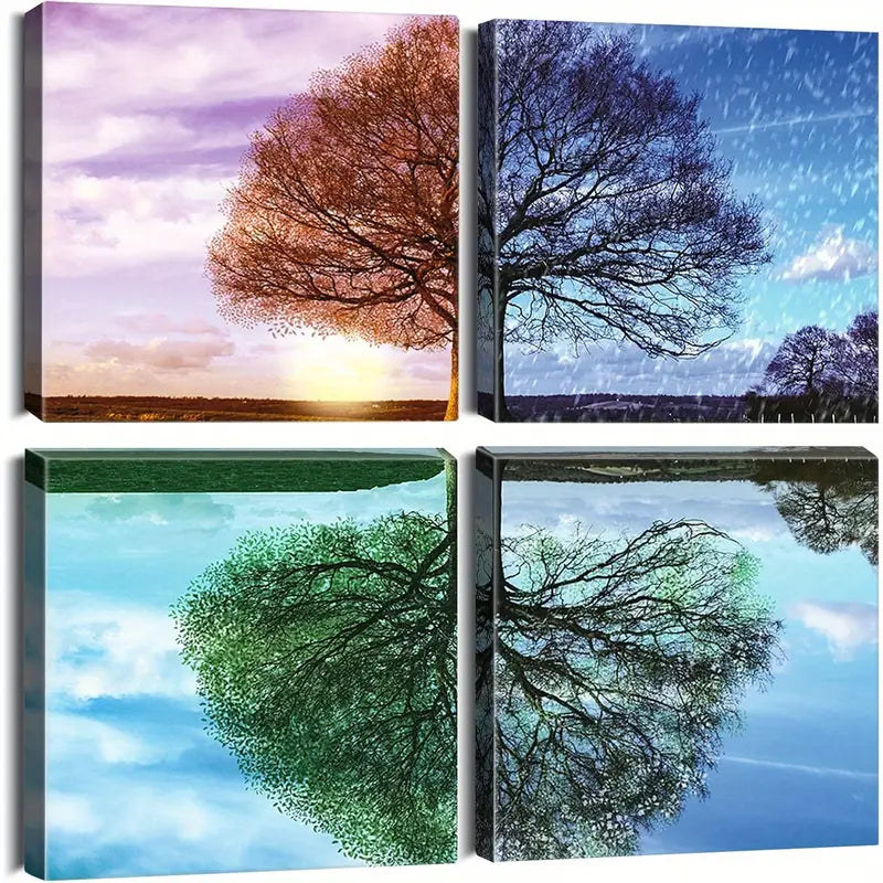 4pcsFour Seasons Tree Picture Wall Art Canvas Framed