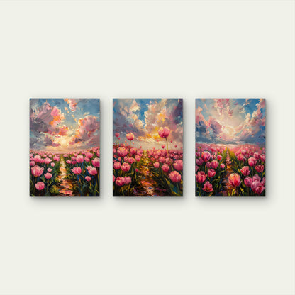 3pcs Pink Tulip Field Impasto Painting Wall Art Set Canvas Framed 40x60cm - High Quality Print 100% Australian Made Wall Canvas Ready to Hang