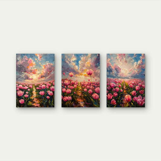 3pcs Pink Tulip Field Impasto Painting Wall Art Set Canvas Framed 40x60cm - High Quality Print 100% Australian Made Wall Canvas Ready to Hang