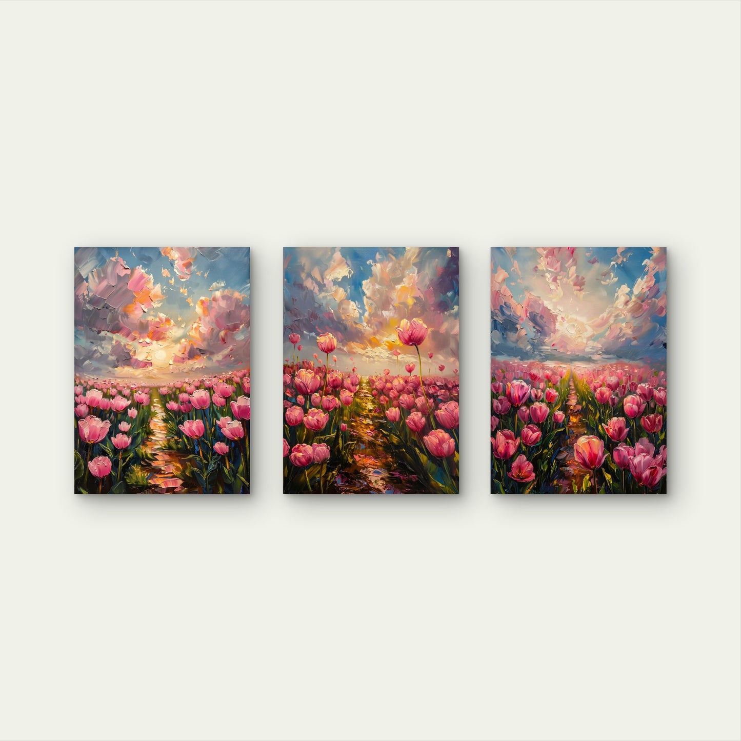 3pcs Pink Tulip Field Impasto Painting Wall Art Set Canvas Framed 60x90cm - High Quality Print 100% Australian Made Wall Canvas Ready to Hang